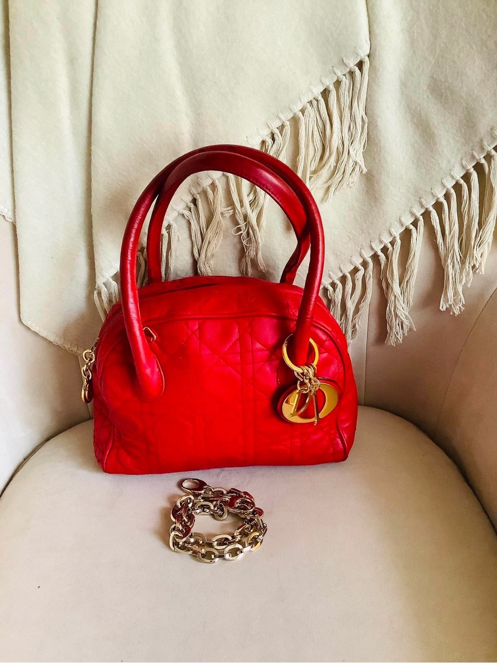 Christian Dior Cannage Vintage Red Mini Bowling Bag with Gold hardware